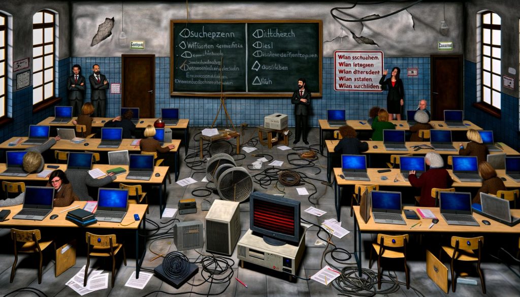 Chaotisches Klassenzimmer in Deutschland mit veralteten Computern, ungenutzten Tablets, defektem Beamer und frustrierten Lehrern und Schülern, die digitale und analoge Hilfsmittel kombinieren.