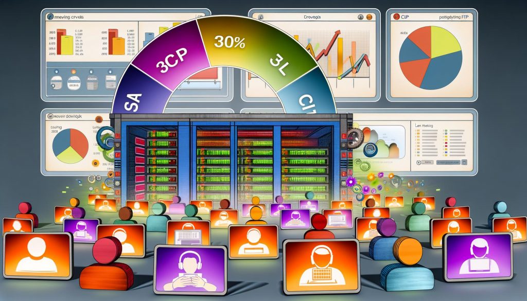Digitale Illustration eines Serverraums mit großem Bildschirm für Core Web Vitals (LCP, FID, CLS), echten Nutzern auf Smartphone, Tablet und Desktop sowie dynamischem Dashboard und verblasstem PageSpeed-Laborsetting im Hintergrund.