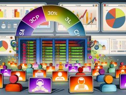 Digitale Illustration eines Serverraums mit großem Bildschirm für Core Web Vitals (LCP, FID, CLS), echten Nutzern auf Smartphone, Tablet und Desktop sowie dynamischem Dashboard und verblasstem PageSpeed-Laborsetting im Hintergrund.