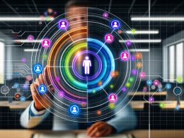 Modernes Büro mit schwebendem, holografischem CRM-Dashboard, das farbige, KI-gestützte Kundensegmente zeigt. Ein Marketer steuert mit Handgesten die Cluster, während im Hintergrund Datenströme und KI-Symbole sichtbar sind.