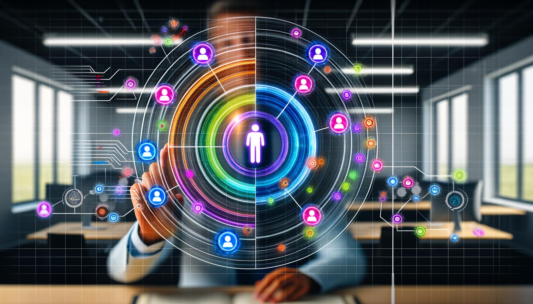 Modernes Büro mit schwebendem, holografischem CRM-Dashboard, das farbige, KI-gestützte Kundensegmente zeigt. Ein Marketer steuert mit Handgesten die Cluster, während im Hintergrund Datenströme und KI-Symbole sichtbar sind.