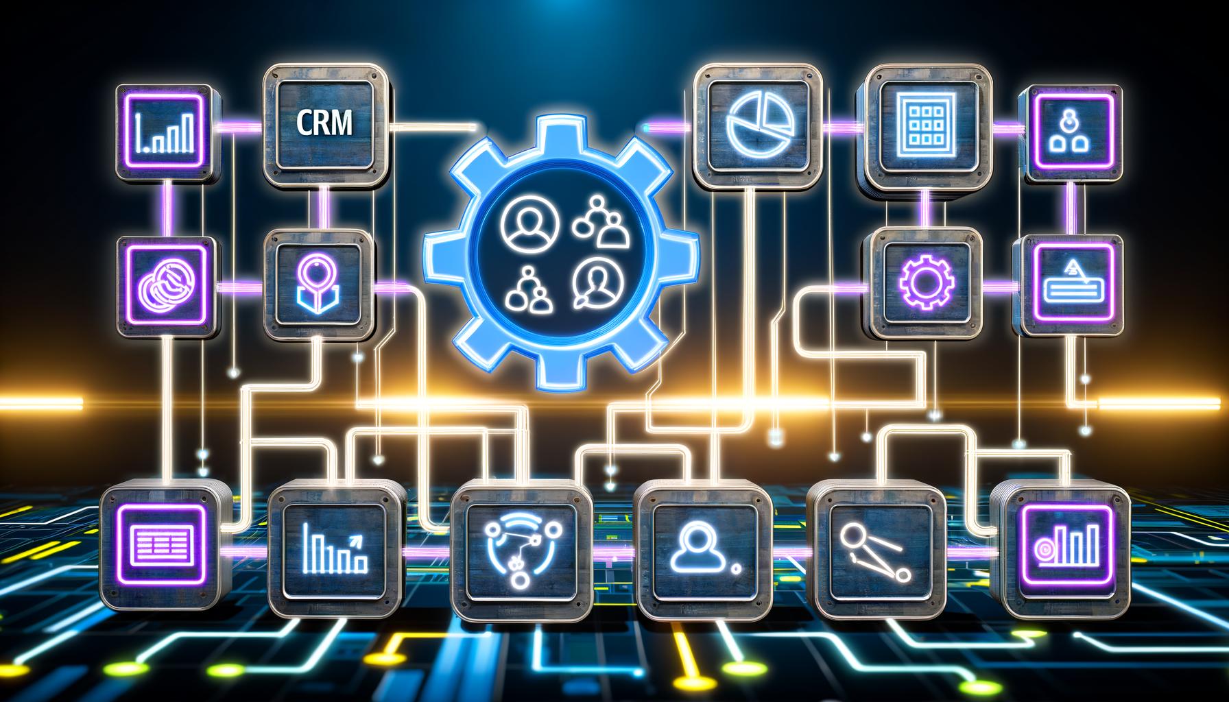 Modernes, symbolisches Schaltpult aus vernetzten Martech-Tools wie CRM, Analytics, CDP und weiteren, dargestellt als Zahnräder mit leuchtenden Datenströmen und API-Linien in einem hochwertigen, futuristisch anmutenden Magazin-Stil.