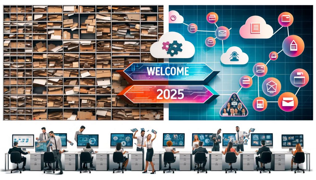 Vorher-Nachher-Illustrationen eines DAM-Stacks: Links ein überfülltes, chaotisches Büro, rechts ein modernes digitales Arbeitsumfeld mit Cloud, KI, APIs und zufriedenen Mitarbeitenden. Begleitende Infografiken zeigen Workflow-Automatisierung, Integration verschiedener Systeme und ein sicheres, DSGVO-konformes Datenhandling.