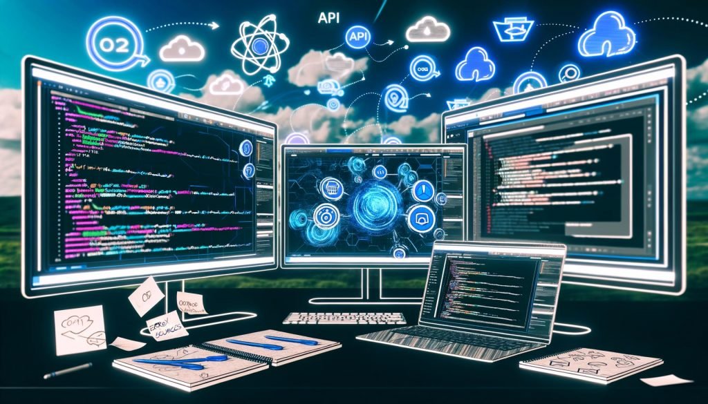 Illustration eines digitalen Arbeitsplatzes mit mehreren Monitoren, die LinkedIn-API-Dashboards, Code-Editoren mit OAuth2 und Workflow-Automatisierungen zeigen. Im Hintergrund sind LinkedIn-Logos und B2B-Marketing-Symbole zu sehen.