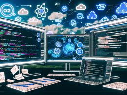 Illustration eines digitalen Arbeitsplatzes mit mehreren Monitoren, die LinkedIn-API-Dashboards, Code-Editoren mit OAuth2 und Workflow-Automatisierungen zeigen. Im Hintergrund sind LinkedIn-Logos und B2B-Marketing-Symbole zu sehen.