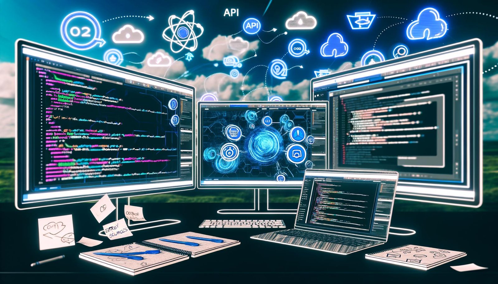 Illustration eines digitalen Arbeitsplatzes mit mehreren Monitoren, die LinkedIn-API-Dashboards, Code-Editoren mit OAuth2 und Workflow-Automatisierungen zeigen. Im Hintergrund sind LinkedIn-Logos und B2B-Marketing-Symbole zu sehen.