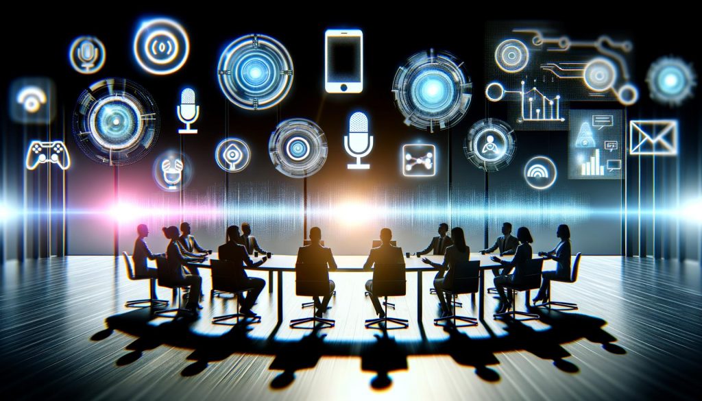 Illustration eines vielfältigen Teams, das von intelligenten Lautsprechern beleuchtet und von holografischen Sprachwellen umgeben ist, während es an digitalen Flowcharts und Interfaces arbeitet.