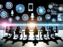 Illustration eines vielfältigen Teams, das von intelligenten Lautsprechern beleuchtet und von holografischen Sprachwellen umgeben ist, während es an digitalen Flowcharts und Interfaces arbeitet.