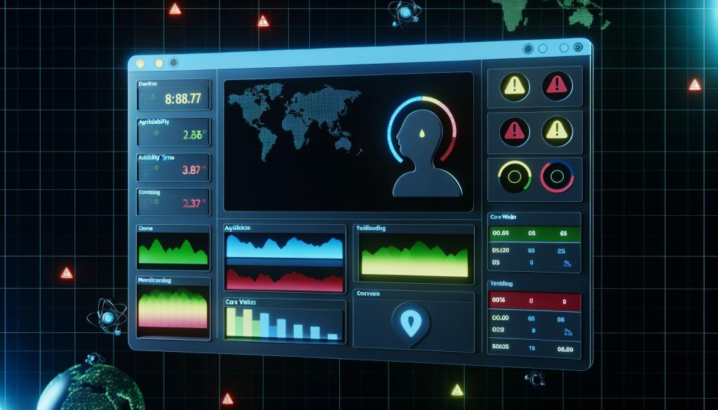 Modernes Dark-Mode-Dashboard mit Web-Vitals, Warnsymbolen und Weltkarte, simulierte Nutzer an Computer und Smartphone, Fokus auf Website-Performance.