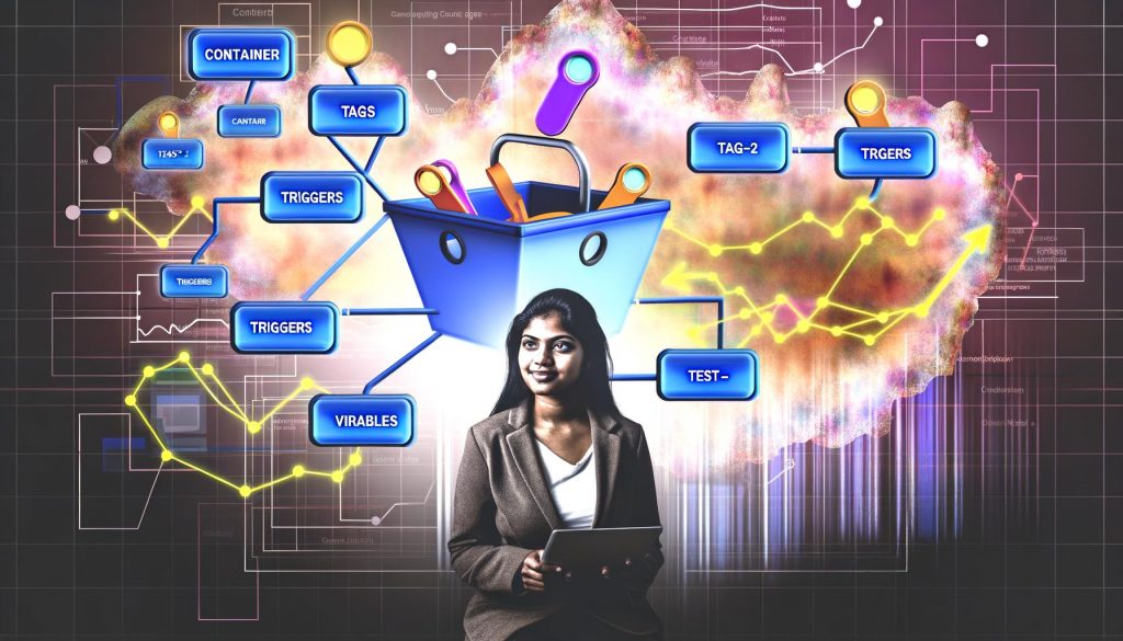 Illustration eines modernen Marketers vor einem organisierten Tag Manager Dashboard mit farbcodierten Elementen und verblassenden, chaotischen Test-Tags im Hintergrund.