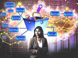 Illustration eines modernen Marketers vor einem organisierten Tag Manager Dashboard mit farbcodierten Elementen und verblassenden, chaotischen Test-Tags im Hintergrund.