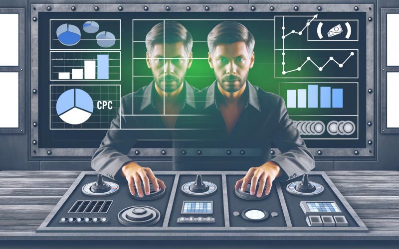 Person vor modernem Steuerpult im Cockpit-Stil mit digitalen Anzeigen, Reglern und Monitoren, die Marketingmetriken und Werbeplattform-Icons zeigen