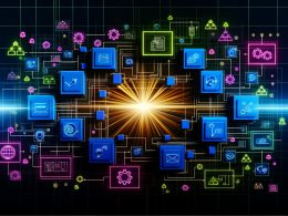 Digitaler Schaltplan einer MarTech-Architektur mit miteinander verbundenen Modulen für CRM, CDP, Marketing Automation, Analytics und Content Management, dargestellt mit Neon-Linien auf dunklem Hintergrund.