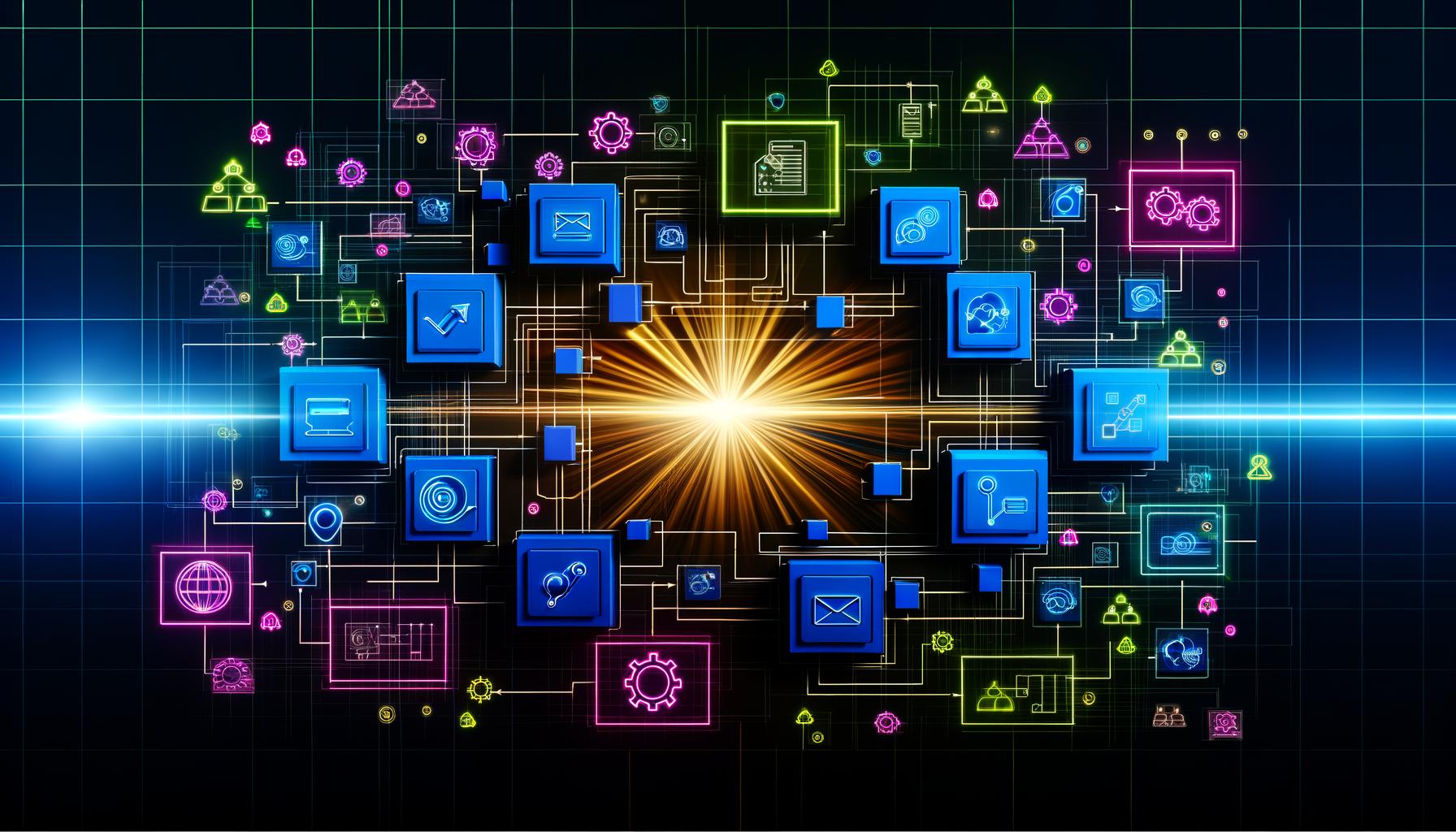 Digitaler Schaltplan einer MarTech-Architektur mit miteinander verbundenen Modulen für CRM, CDP, Marketing Automation, Analytics und Content Management, dargestellt mit Neon-Linien auf dunklem Hintergrund.