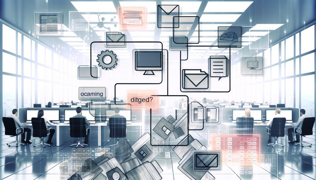 Futuristischer Büroarbeitsplatz mit Teams und großem Dashboard zur digitalen Asset-Verwaltung, umgeben von modernen Monitoren und strukturierten Ordnern; verblasste Technik wie USB-Sticks und alte Ordner am Rand.
