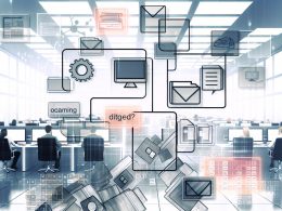 Futuristischer Büroarbeitsplatz mit Teams und großem Dashboard zur digitalen Asset-Verwaltung, umgeben von modernen Monitoren und strukturierten Ordnern; verblasste Technik wie USB-Sticks und alte Ordner am Rand.