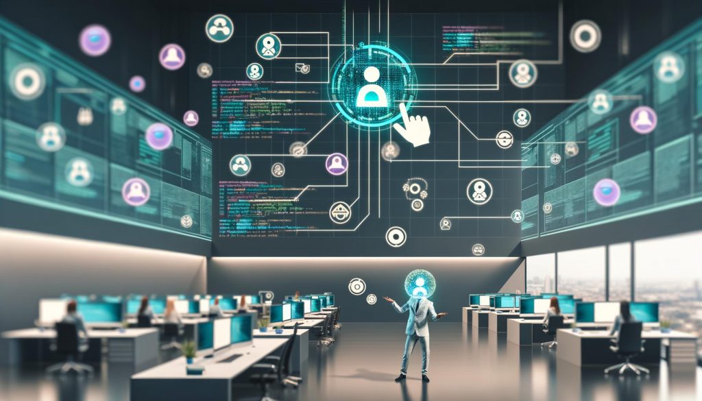 Modernes Büro mit diversen Fachleuten, LinkedIn- und Daten-Displays, zentralem Tech-Profi und Phantombuster-Automatisierungen