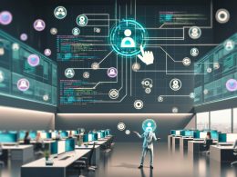 Modernes Büro mit diversen Fachleuten, LinkedIn- und Daten-Displays, zentralem Tech-Profi und Phantombuster-Automatisierungen