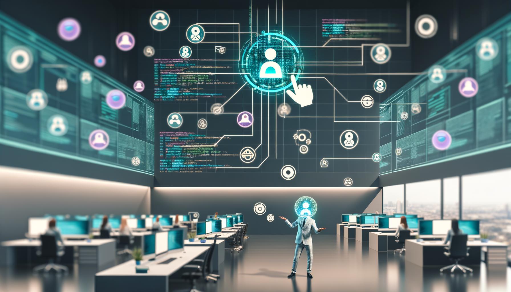 Modernes Büro mit diversen Fachleuten, LinkedIn- und Daten-Displays, zentralem Tech-Profi und Phantombuster-Automatisierungen