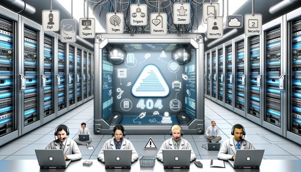 Digitale Maschinenraum-Illustration mit Serverracks, Google Tag Manager Container und arbeitenden Fachleuten, umgeben von Symbolen für Tags, Trigger und Sicherheit.