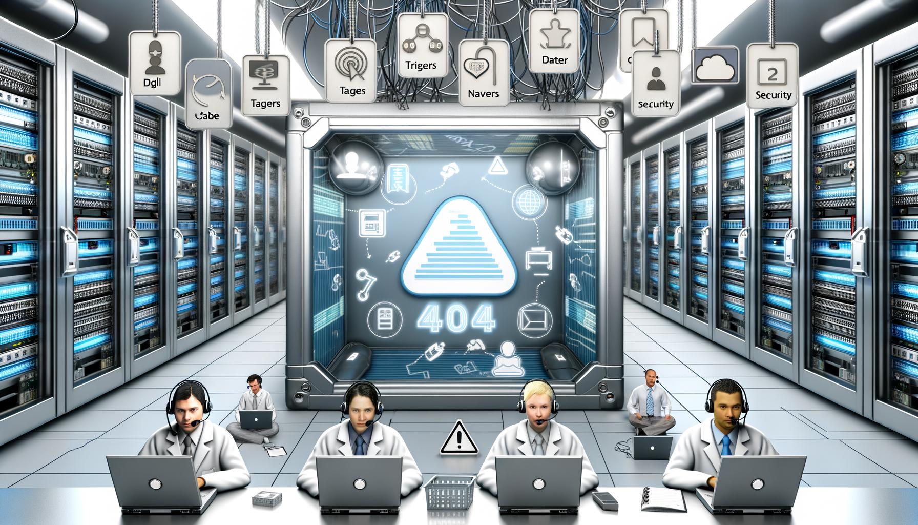 Digitale Maschinenraum-Illustration mit Serverracks, Google Tag Manager Container und arbeitenden Fachleuten, umgeben von Symbolen für Tags, Trigger und Sicherheit.