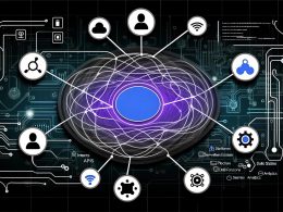 Modernes Interface-Diagramm im Dark Mode mit verschlungenem Netzwerk, Sprachassistenten- und Technik-Icons sowie kühlen Farben auf technischem Schaltkreis-Hintergrund.