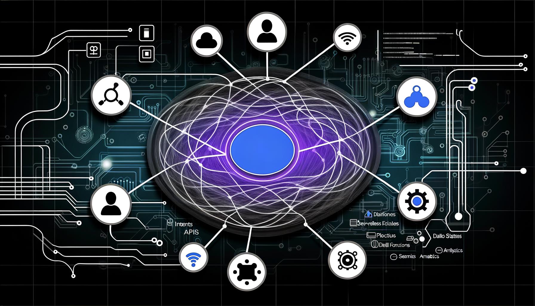 Modernes Interface-Diagramm im Dark Mode mit verschlungenem Netzwerk, Sprachassistenten- und Technik-Icons sowie kühlen Farben auf technischem Schaltkreis-Hintergrund.