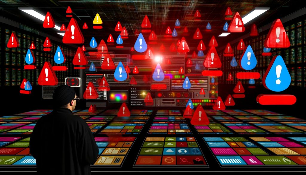 Illustration einer Web-App mit auffälligen roten Warnsymbolen, Pop-ups und blinkenden Fehlern auf digitalen Geräten im Hintergrund, während ein angespannter Operator das Dashboard betrachtet.