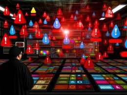 Illustration einer Web-App mit auffälligen roten Warnsymbolen, Pop-ups und blinkenden Fehlern auf digitalen Geräten im Hintergrund, während ein angespannter Operator das Dashboard betrachtet.