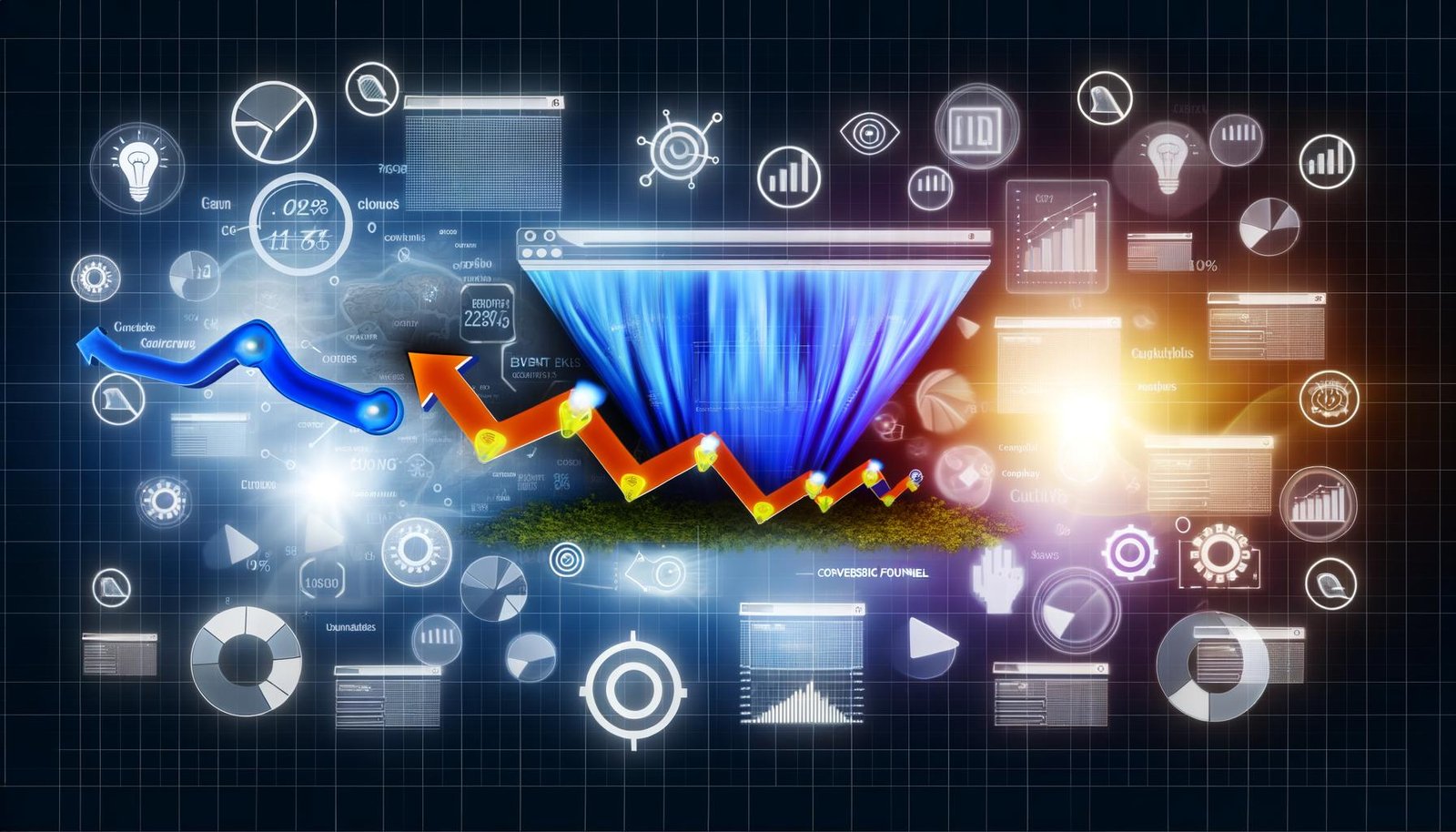 Dynamische Collage mit transparenter Website, Tracking-Pixeln, Heatmaps und modernen Analytics-Tools, dahinter ein durchlässiger Conversion-Funnel und digitale Datenflüsse.