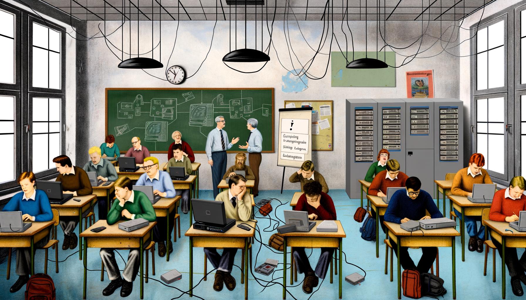 Überfüllter Klassenzimmer mit alten Laptops, Tablets, abgenutzten Whiteboards, ausgeschaltetem Smart-Panel, gestikulierenden Lehrern am Flipchart mit Digitalpakt-Schriftzug sowie sichtbarem Serverrack und Kabelsalat.