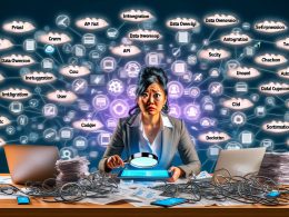 Arbeitsplatz mit vielen digitalen Geräten, Software-Symbolen wie CRM, Social Media und Cloud sowie einer fokussierten Person mit Checkliste zur besseren Martech-Tool-Auswahl und Integration.