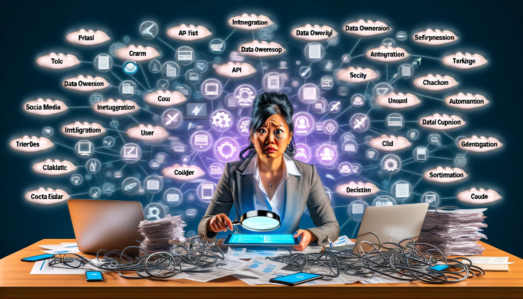 Arbeitsplatz mit vielen digitalen Geräten, Software-Symbolen wie CRM, Social Media und Cloud sowie einer fokussierten Person mit Checkliste zur besseren Martech-Tool-Auswahl und Integration.