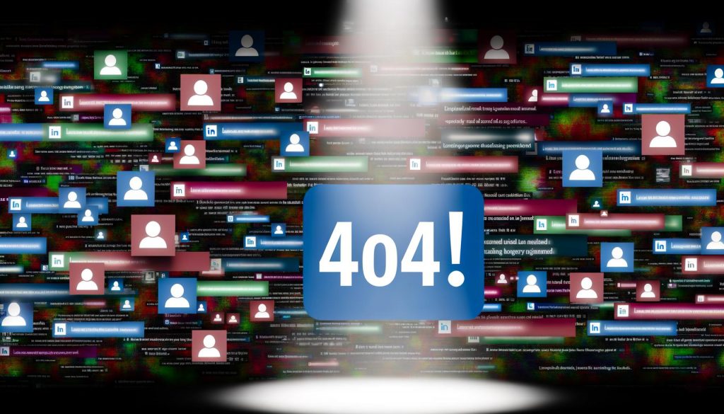LinkedIn-Feed mit farbenfrohen Posts, zentralem aufmerksamkeitsstarken Text im Spotlight und 404-Glitch-Effekten, die den Wettbewerb um Aufmerksamkeit darstellen.
