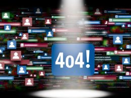 LinkedIn-Feed mit farbenfrohen Posts, zentralem aufmerksamkeitsstarken Text im Spotlight und 404-Glitch-Effekten, die den Wettbewerb um Aufmerksamkeit darstellen.