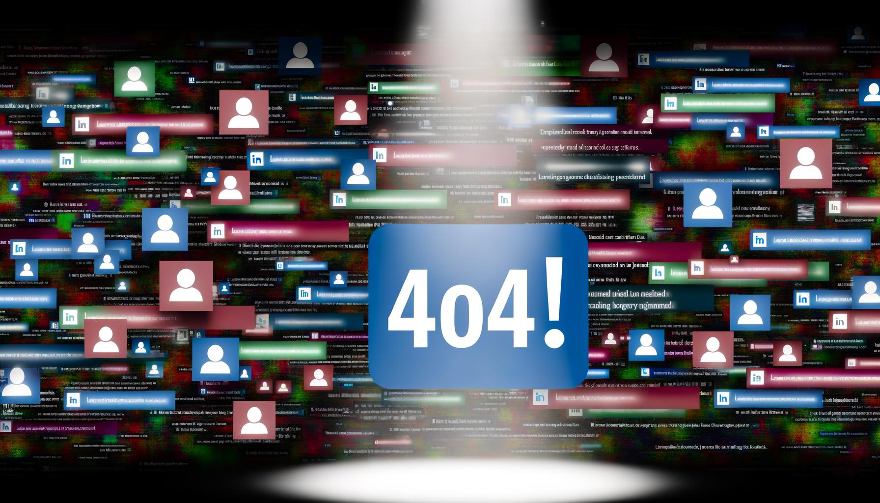 LinkedIn-Feed mit farbenfrohen Posts, zentralem aufmerksamkeitsstarken Text im Spotlight und 404-Glitch-Effekten, die den Wettbewerb um Aufmerksamkeit darstellen.
