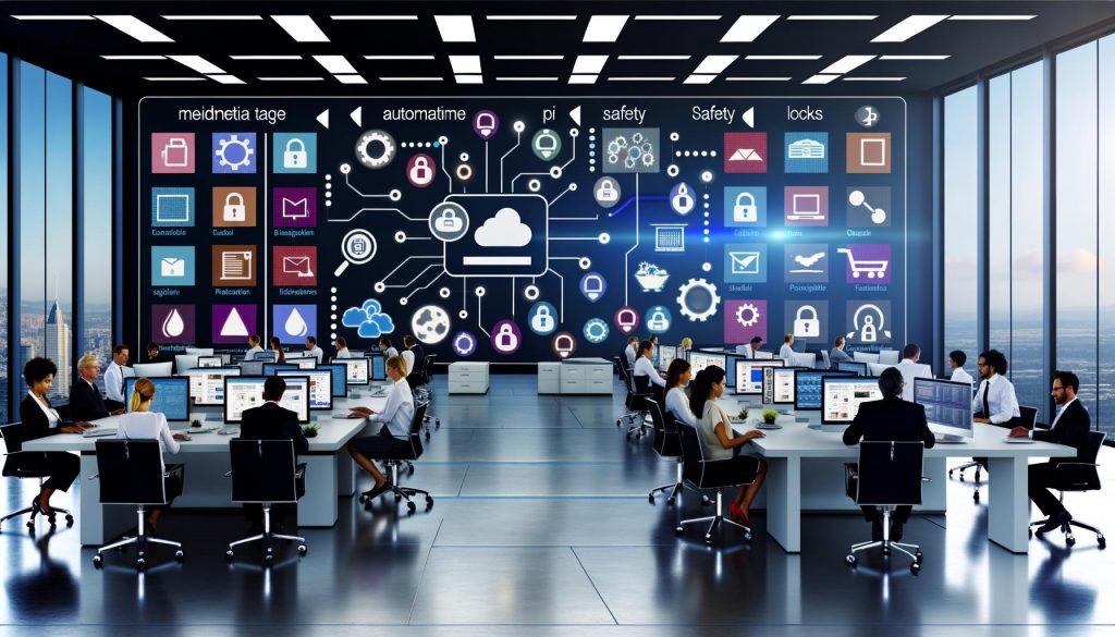 Modernes, professionelles Büro mit ultrabreitem Bildschirm, farbenfrohem Dashboard und diversen Mitarbeitern, umgeben von digitalen Symbolen für Metadaten, Sicherheit und Automatisierung.