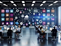 Modernes, professionelles Büro mit ultrabreitem Bildschirm, farbenfrohem Dashboard und diversen Mitarbeitern, umgeben von digitalen Symbolen für Metadaten, Sicherheit und Automatisierung.