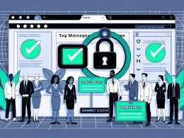 Illustration eines Dashboards mit Google Tag Manager Logo, Datenschutzsymbolen, Cookie-Banner, DSGVO- und TTDSG-Texten sowie einer kontrollierenden Figur, die den Datenzugang beschränkt.