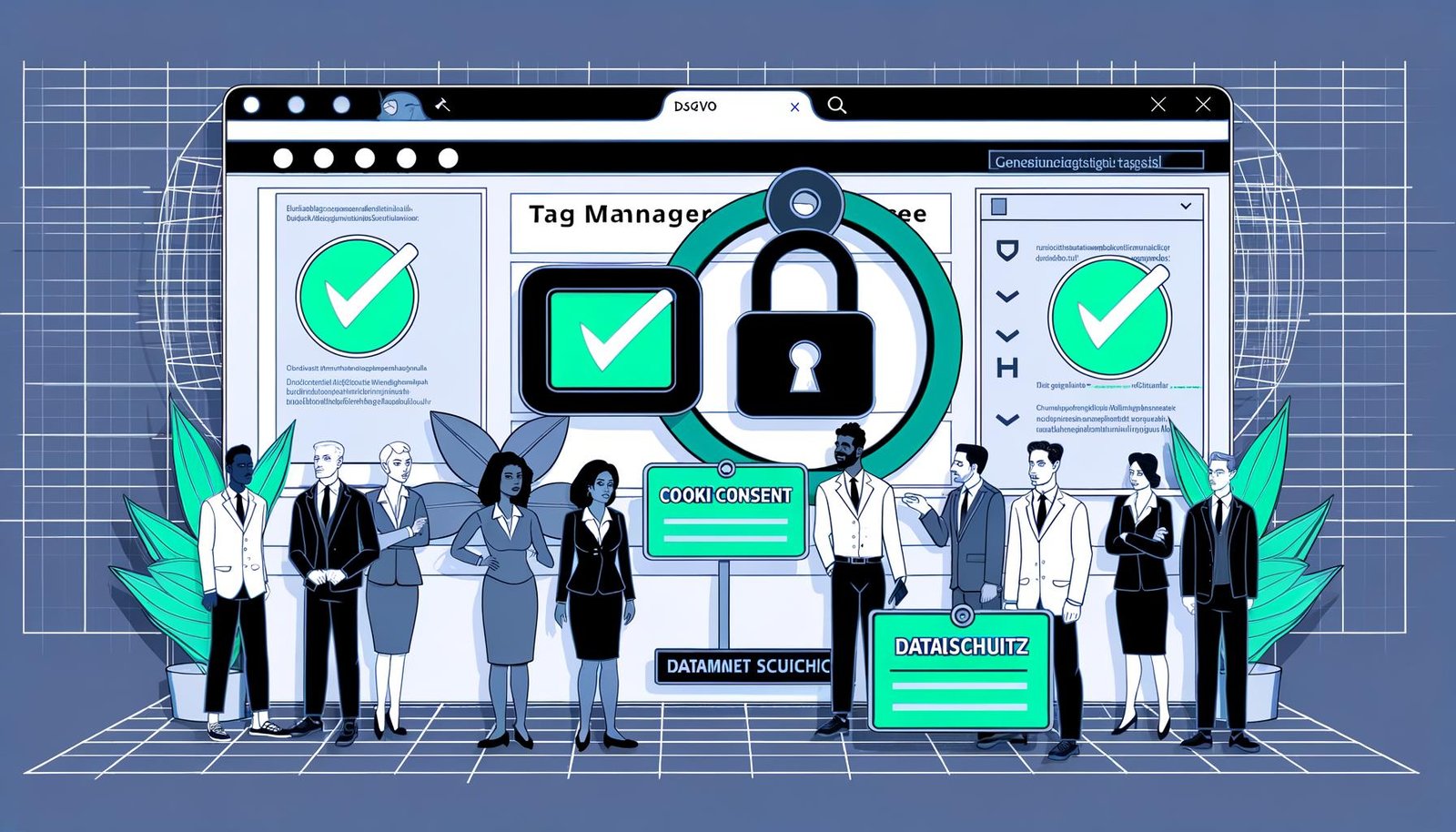 Illustration eines Dashboards mit Google Tag Manager Logo, Datenschutzsymbolen, Cookie-Banner, DSGVO- und TTDSG-Texten sowie einer kontrollierenden Figur, die den Datenzugang beschränkt.