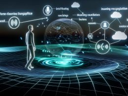 Futuristischer Arbeitsplatz mit Benutzer, der mit einer holografischen, KI-gestützten Sprachschnittstelle spricht, umgeben von Symbolen für Künstliche Intelligenz und Sprachdialoge.