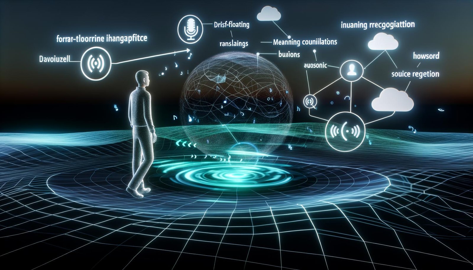 Futuristischer Arbeitsplatz mit Benutzer, der mit einer holografischen, KI-gestützten Sprachschnittstelle spricht, umgeben von Symbolen für Künstliche Intelligenz und Sprachdialoge.