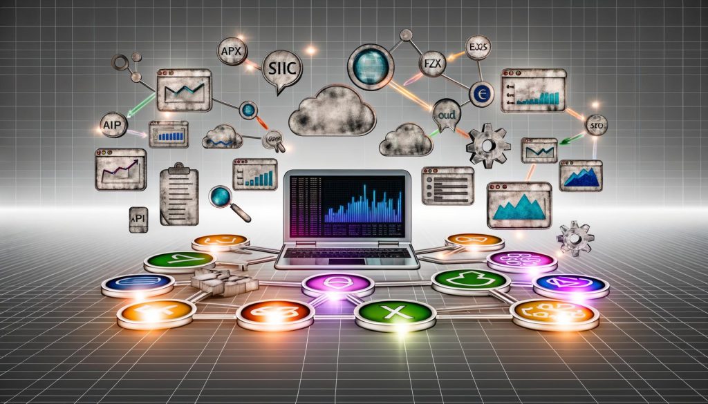 Illustration einer modernen SEO-Reporting-Landschaft mit farbigem Dashboard, vernetzten SEO-Tools und verblassenden traditionellen Office-Symbolen.