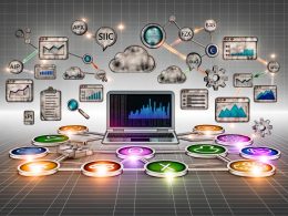 Illustration einer modernen SEO-Reporting-Landschaft mit farbigem Dashboard, vernetzten SEO-Tools und verblassenden traditionellen Office-Symbolen.