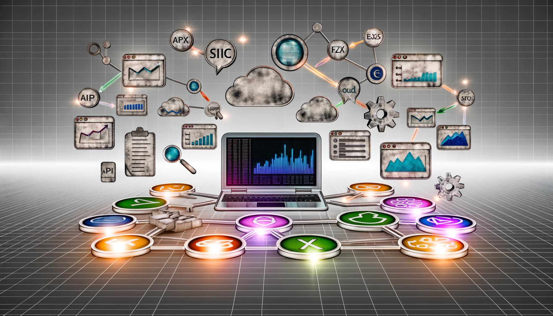 Illustration einer modernen SEO-Reporting-Landschaft mit farbigem Dashboard, vernetzten SEO-Tools und verblassenden traditionellen Office-Symbolen.