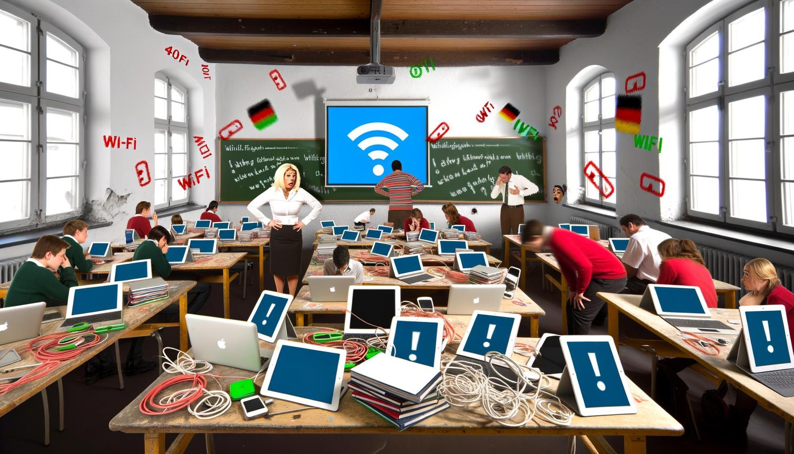 Deutsches Klassenzimmer mit gestapelten iPads und Laptops, ratlosen Schülern vor Whiteboard mit Fehlermeldung und gestresstem Lehrer im Kabelsalat, großes WLAN-Problem im Hintergrund.