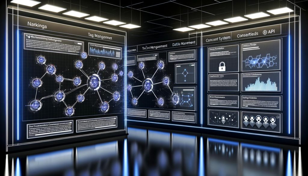 Futuristischer Arbeitsplatz mit großen Dashboards und Visualisierungen von Tag-Management, Consent-Systemen und Datenströmen, die orchestrierte Datenflüsse und Datenschutz symbolisieren.