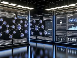 Futuristischer Arbeitsplatz mit großen Dashboards und Visualisierungen von Tag-Management, Consent-Systemen und Datenströmen, die orchestrierte Datenflüsse und Datenschutz symbolisieren.