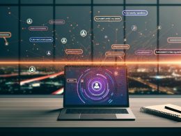 Laptop mit offener LinkedIn-Oberfläche und automatisierten Kontaktanfragen in moderner, digitaler Büroumgebung, flankiert von Notizzetteln mit Keywords und Analytics-Dashboard im Hintergrund