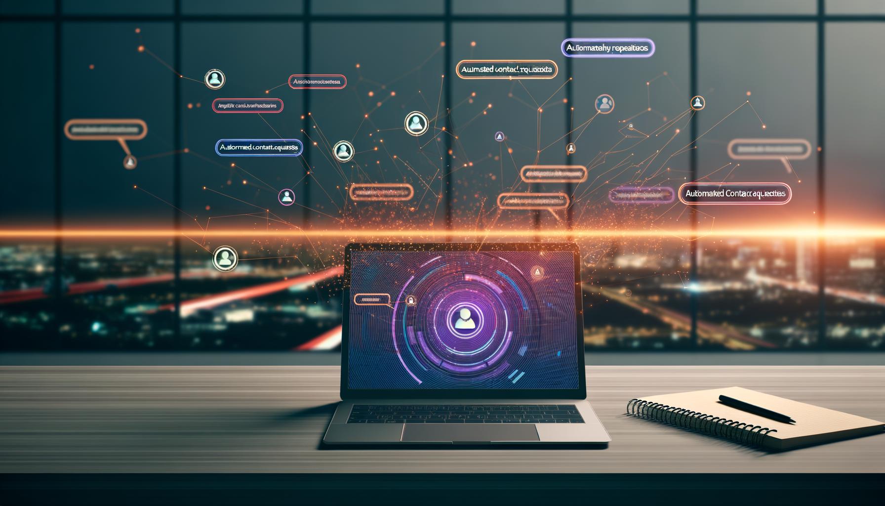 Laptop mit offener LinkedIn-Oberfläche und automatisierten Kontaktanfragen in moderner, digitaler Büroumgebung, flankiert von Notizzetteln mit Keywords und Analytics-Dashboard im Hintergrund